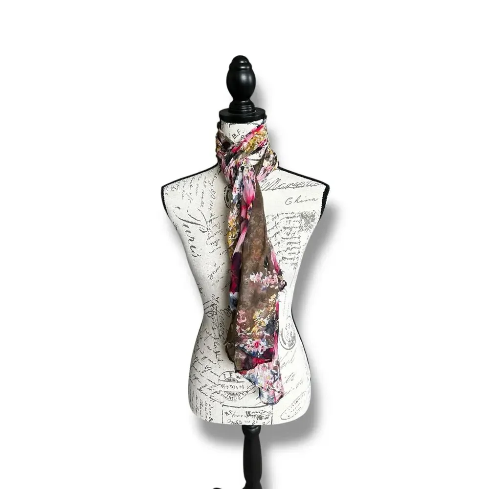 Floral Viscose Scarf Wrap Brown Pink Blue Yellow Flowers